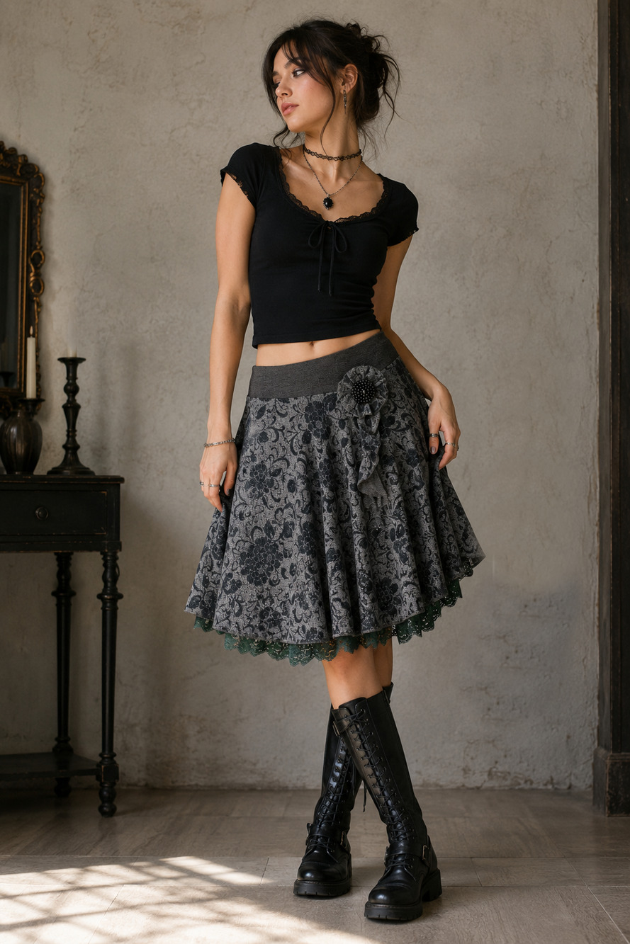 Vintage Y2K GT Design Sz L Coquette Skirt Floral Lace Rosette Fairy Grunge